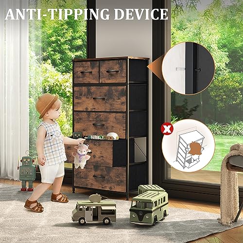 6-Drawer Tall Dresser with Wooden Top, Vertical Fabric Storage Tower