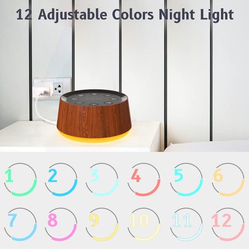 Brown Noise Sound Machine - 30 Soothing Sounds & 12 Color Night Light | Adjustable Volume & Timers