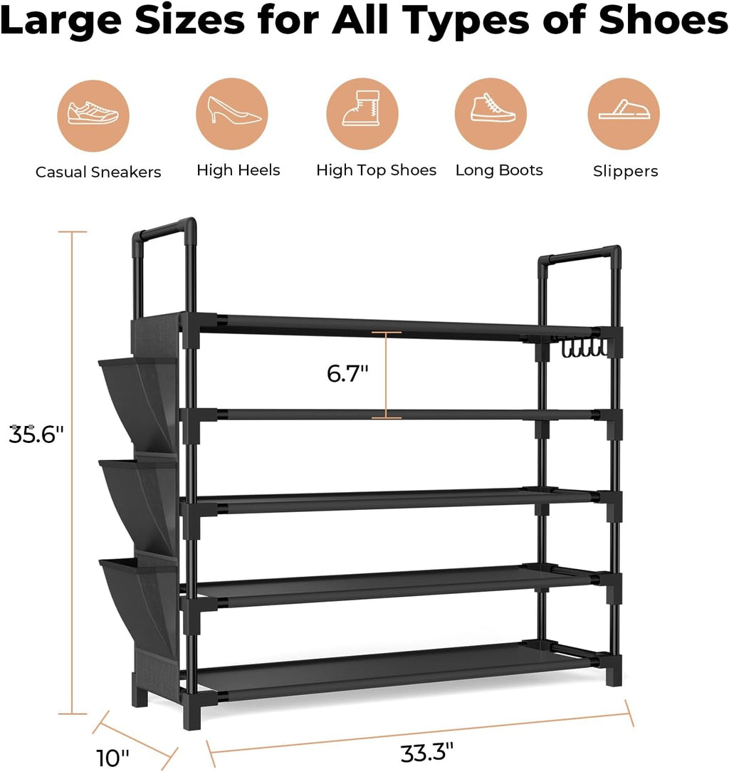Skiennix 5-Tier Shoe Rack - Stackable Organizer for 20-25 Pairs | Space-Saving Design with Hooks & Pocket