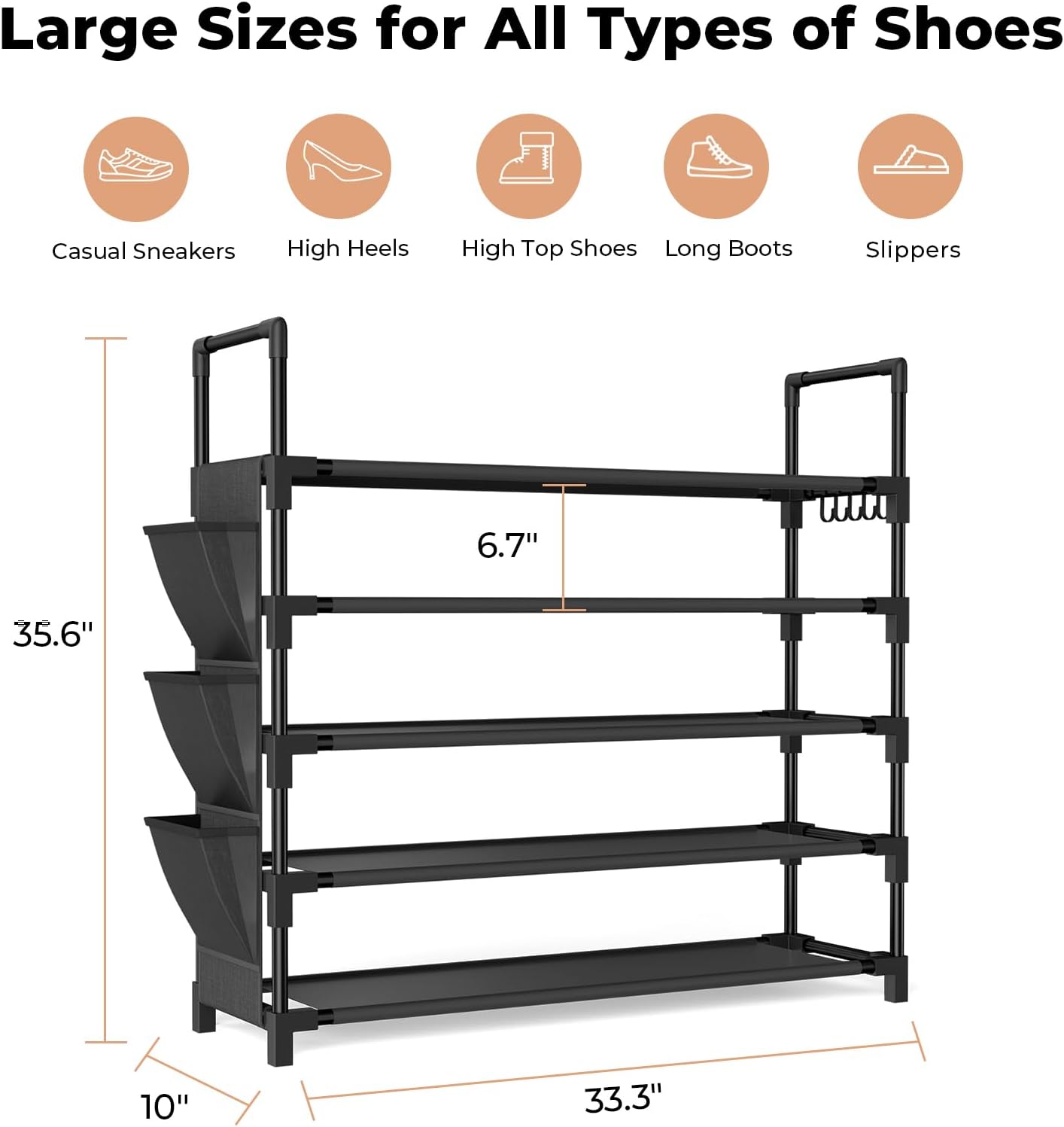 Skiennix 5-Tier Shoe Rack - Stackable Organizer for 20-25 Pairs | Space-Saving Design with Hooks & Pocket