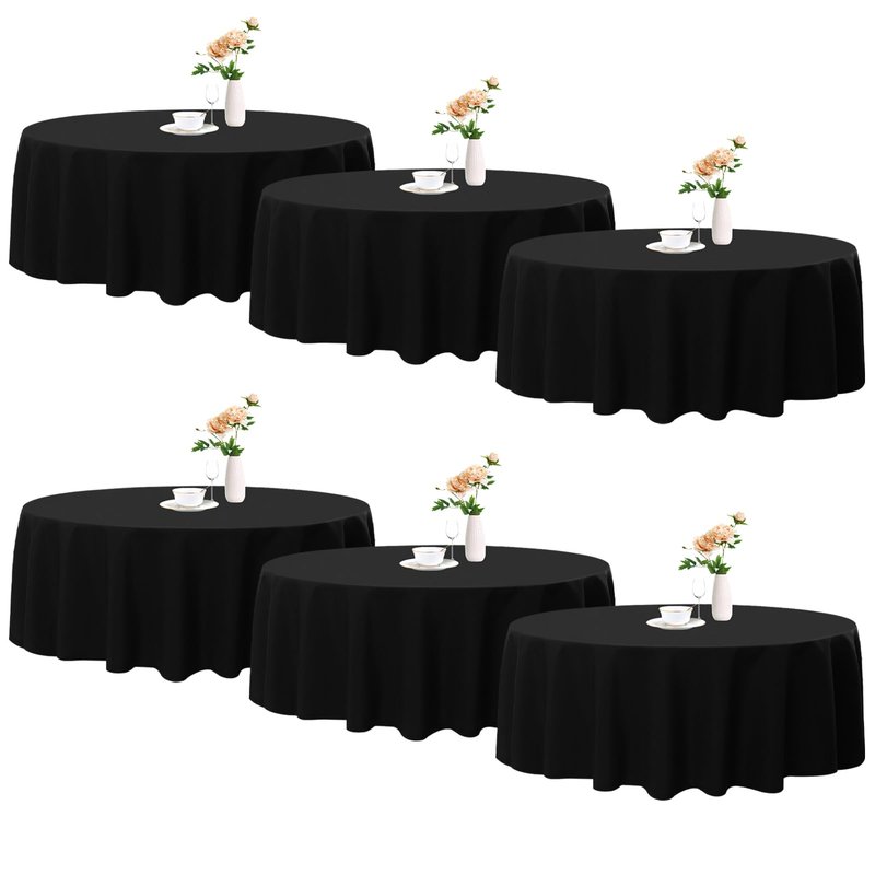 Romanstile 6 Pack Black Round Tablecloth 108 Inch, Reusable and Washable Circle Table Clothes, Stain Resistant Polyester Fabric Table Cover for Wedding, Party, Banquet, Gathering