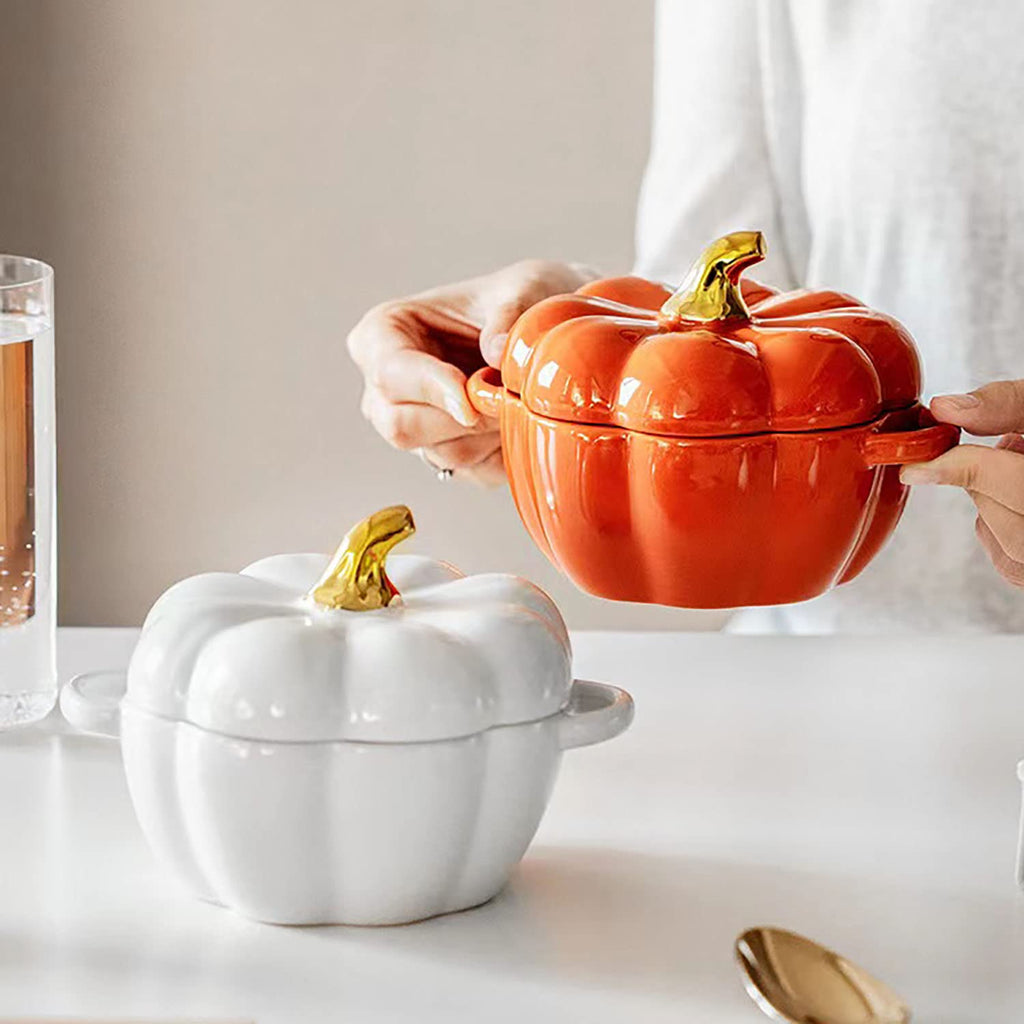 FYUEROPA Pumpkin Bowl Set with Lid and Handle, Set of 4 Ceramic Ramekins for Baking, Casserole Dish Individual Severing Pot, Stoneware, Oven Safe, 14 Oz (Orange)