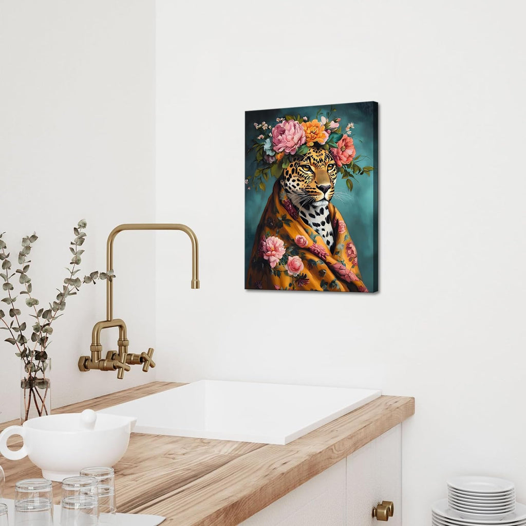 Regine Switzerland Funny Leopard Bathroom Wall Art Set - Eclectic Animal Canvas Prints | 12x16 Inch Framed Decor