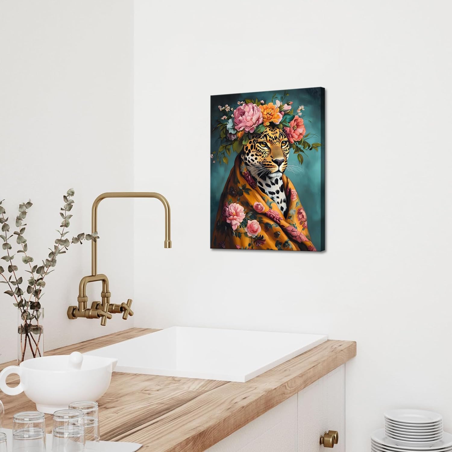 Regine Switzerland Funny Leopard Bathroom Wall Art Set - Eclectic Animal Canvas Prints | 12x16 Inch Framed Decor