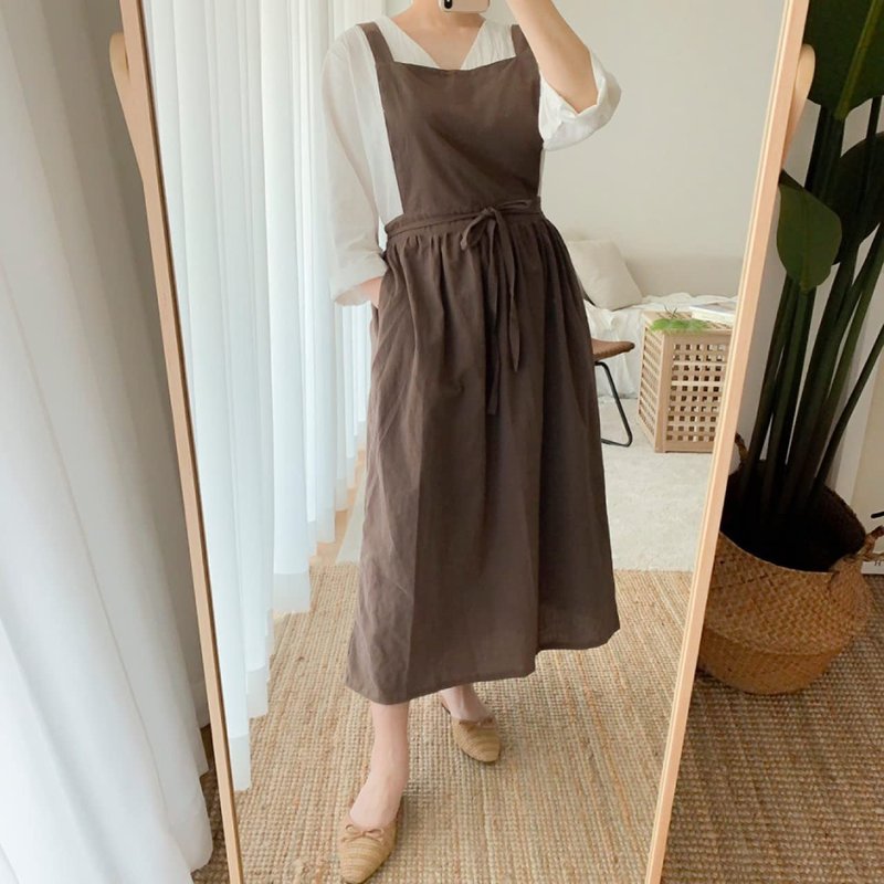 Caatoor Cute Retro Cotton Linen X-Back Aprons Home Kitchen Garden Art Painting Pinafore Florist Shop Overalls (Dark Brown, 42" L)