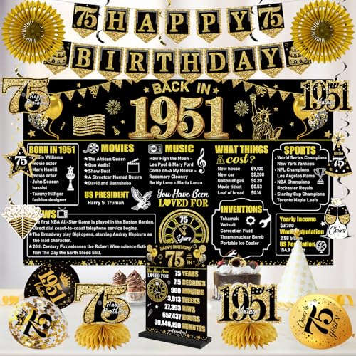 75th Birthday Decorations Kit, Black and Gold Party Supplies for 1951 Birthdays