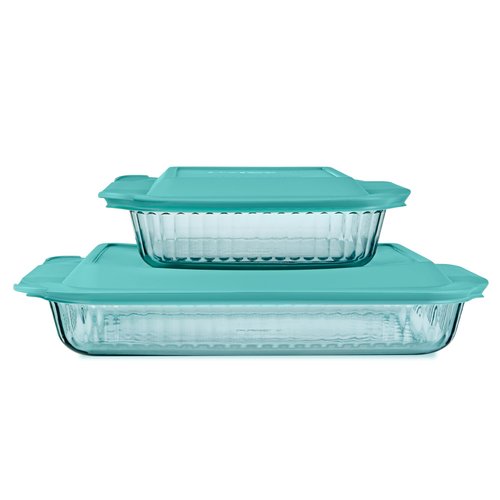 Pyrex Colors Tinted (2-Pack, Full Set) Tinted Glass Baking Dish with BPA-Free Lid, Oblong Bakeware Glass Pan For Casserole & Lasagna, Dishwasher, Freezer, Microwave and Pre-Heated Oven Safe, Aqua