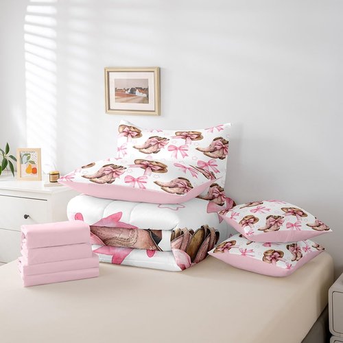 Feelyou Kids Pink Bow Twin Bed in a Bag 7 Pieces Boys Girls Cowboy Boots Comforter Set with Sheets Western Cowgirl Bedding Sets with Comforter, Pillowcases, Flat Sheet, Fitted Sheet and Cushion Cover