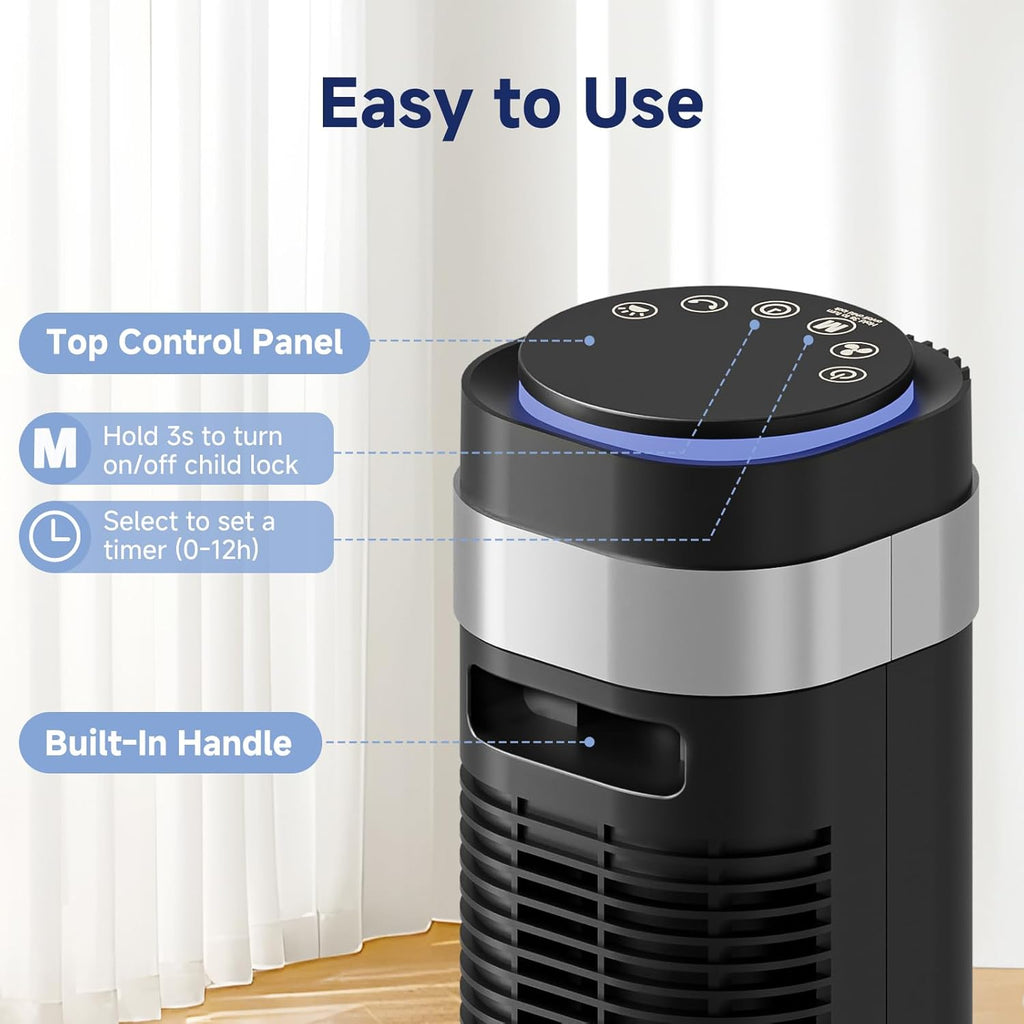 OLIXIS Quiet Tower Fan - Bladeless Oscillating Cooling Fan with Remote, 12H Timer, 5 Speeds | Black