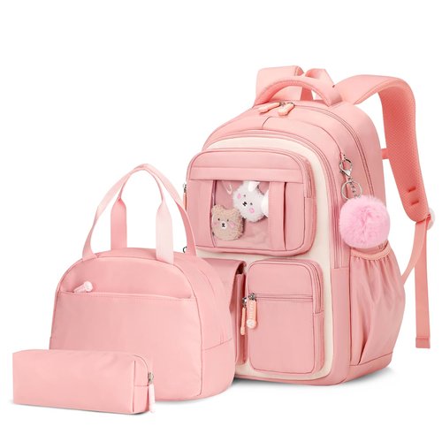 Amythe Girls Backpack with Lunch Box 3Pcs, Kawaii School Bag Set for Kid Elementary Middle School, Multi-Pocket Cute Laptop Bookbag Lightweight, Pink