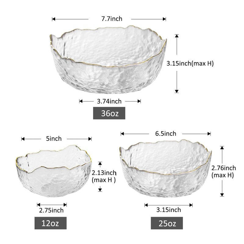 OBR KING Glass Salad Bowl Set of 3 Phnom Penh Mixing Bowls Irregular Shape Serving Containers for Kitchen Prep Fruit Pasta Popcorn and Snack