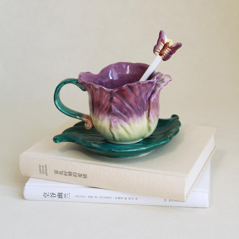 Minigift Ceramic Tea Cup and Saucer Set ，6OZ 3D Hand-Painted Flower and Lotus Leaf Coffee Mug，Gift for Women- Purple Tulip