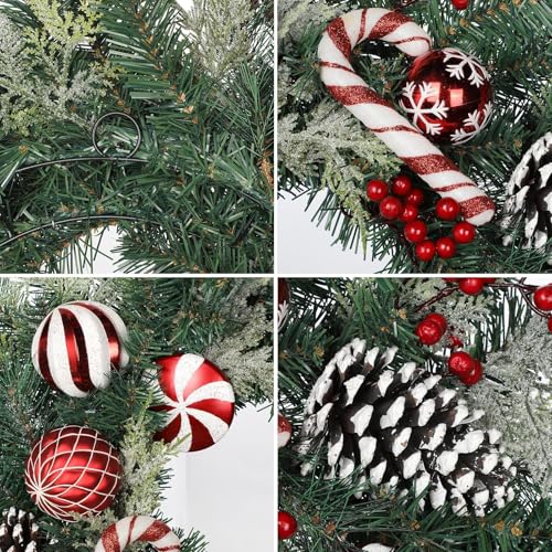 Red 24-Inch Christmas Door Wreath with Candy Canes Pinecones Berries - Indoor & Outdoor Decor