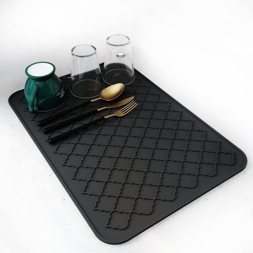 AMOAMI Dish Drying Mat - Heat Resistant Silicone Kitchen Pad | 12" x 16" - Black Color