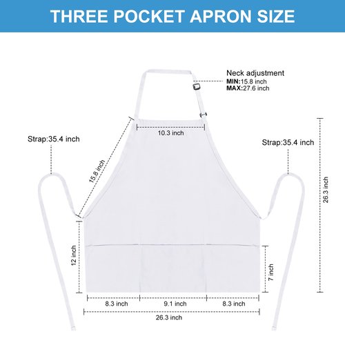 Jubatus 2 Pack 3 Pockets 100% Cotton Adjustable Bib Apron Chef Kitchen Cooking Aprons for Women Men, White