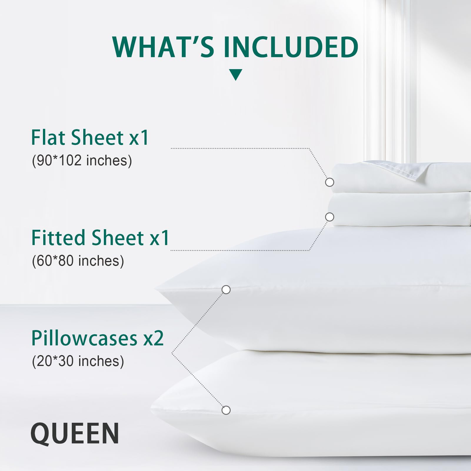 KUSNUG 100% Rayon Derived from Bamboo Sheet Set Queen Size, Organically Growth, Silky Soft & Cooling, 4 Piece (1 Fitted Sheet, 1 Flat Sheet and 2 Pillowcases) White Bedding Set with 15" Deep Pocket
