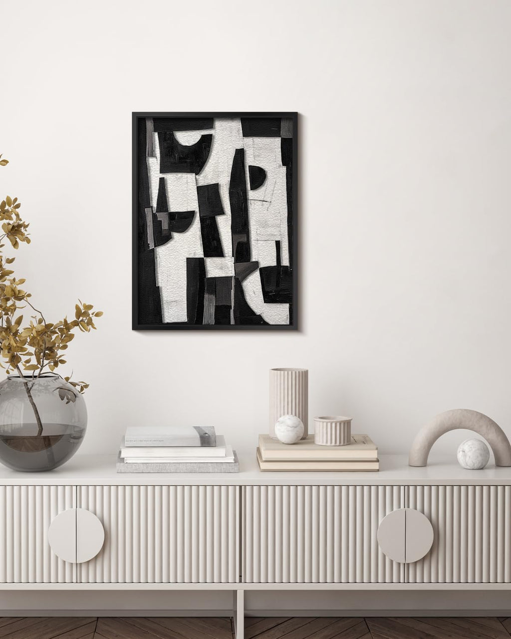 Skiennix Modern Black & White Abstract 3D Stacked Sandstone Wall Art - 12x16 Geometric Design in Metal Frame for Minimalist Decor