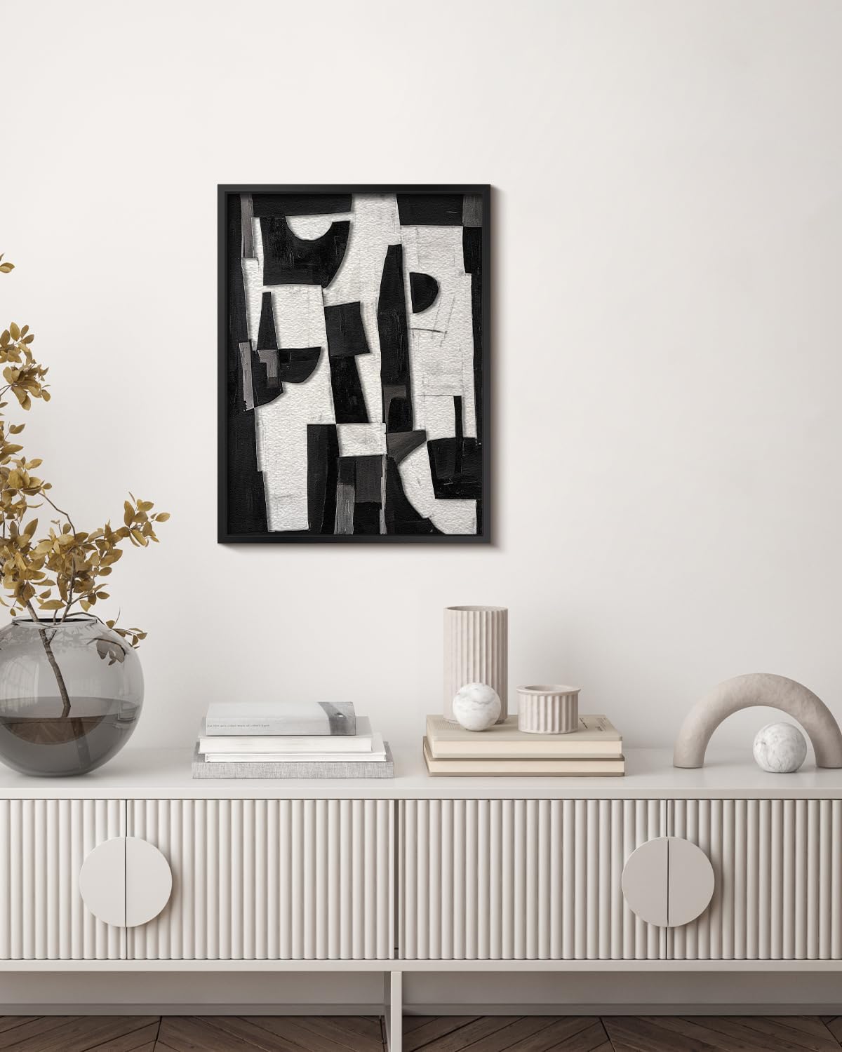Skiennix Modern Black & White Abstract 3D Stacked Sandstone Wall Art - 12x16 Geometric Design in Metal Frame for Minimalist Decor