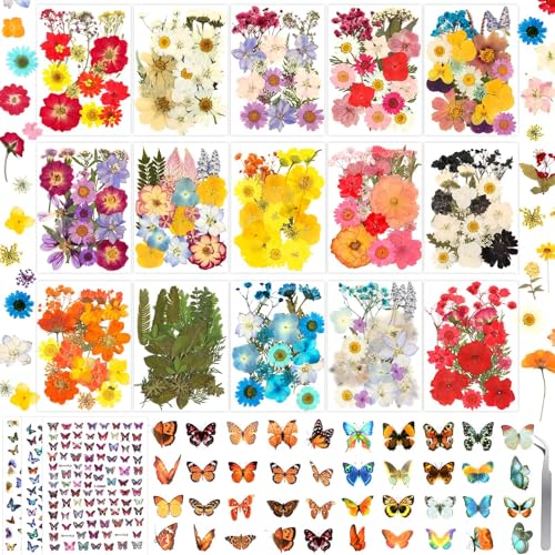630 Pcs Dried Pressed Flowers and Butterfly Stickers Set for DIY Crafts