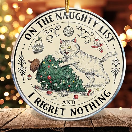 Naughty Christmas Ornament - 3.6in Acrylic Cat Tree Gag Gift, Funny Stocking Stuffers