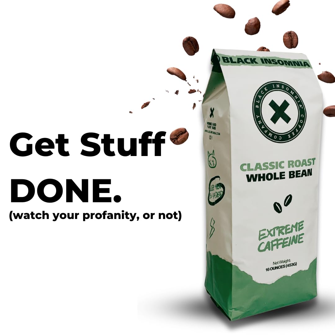 Black Insomnia Classic Roast Whole Bean Coffee - The Strongest Coffee in the World - 1lb Bag (Pack of 1)