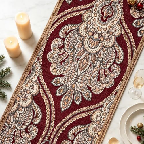 Red French Manor 94-Inch Paisley Jacquard Christmas Table Runner - HeMiaor