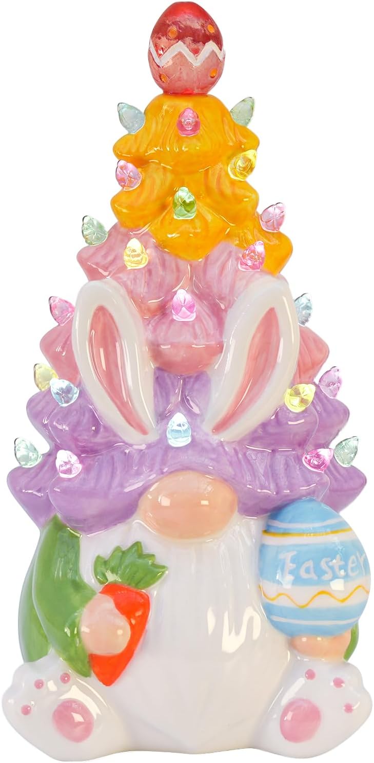 Timer Easter Decorations - Light Up Bunny & Gnome Ceramic Tree Decor | Spring Centerpieces