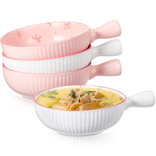 Reallnaive 4 Pcs Pink Bow Soup Bowls with Handles 15 oz Coquette Bow Theme French Onion Soup Crocks Ceramic Large Salad Bowl Oven Safe for Stew Onion, Chili, Cereal, and Pasta Stackable Serving Set