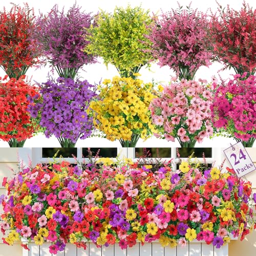 24 Bundles UV Resistant Outdoor Artificial Flowers - Faux Silk Violet & Lavender