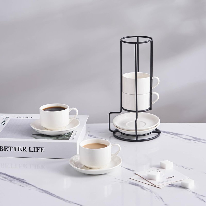 YOLIFE 2.5oz Espresso Cups Set of 4, Porcelain Stackable Espresso Cups with Saucers and Metal Stand, Expresso Shots Cup -White