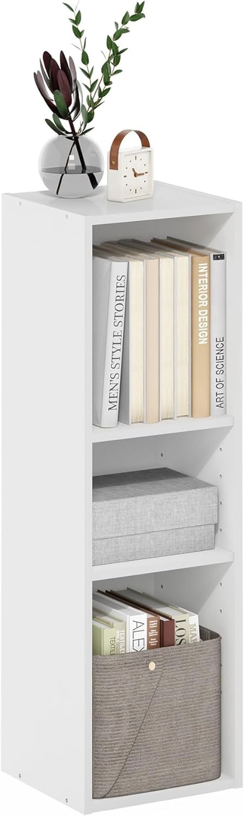 Furinno Fulda 3-Tier Narrow Bookshelf - Stylish White Bookcase for Living Room, Bedroom & Home Office | Compact 10-Inch Width