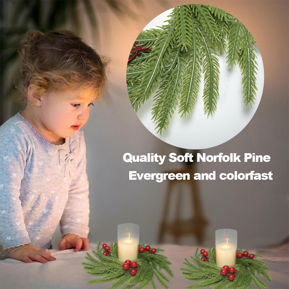 Skiennix Christmas Candle Rings - Artificial Norfolk Pine & Red Berry Wreaths | 3-Piece Set for Home Decor