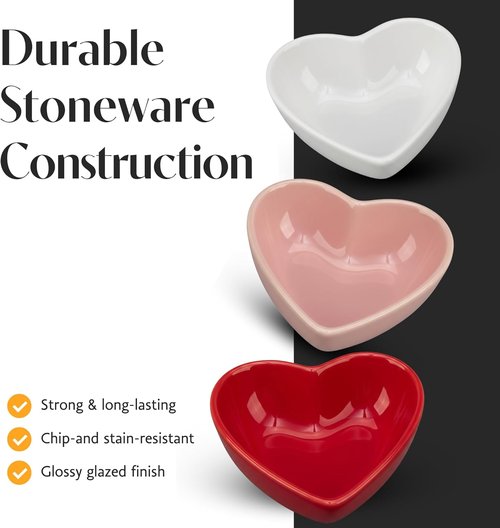 BIA Heart Dish Set - 3 Small Heart Shaped Stoneware Bowls for Snacks, Desserts & Dips | 6 oz Each