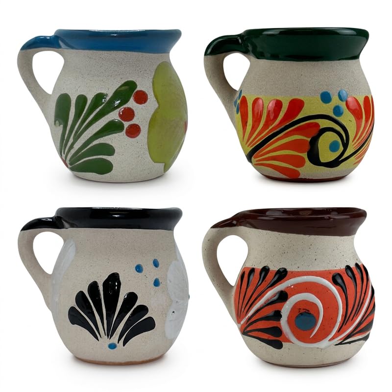 FFX Artesania Mexican Coffee Mugs Set of 4 - 13 oz Hand Painted Clay Tazas de Barro