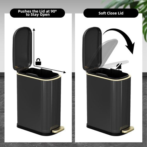 KSSKSS Slim Bathroom Trash Can - 2.6 Gallon Stainless Steel with Soft-Close Pedal | Titanium Black