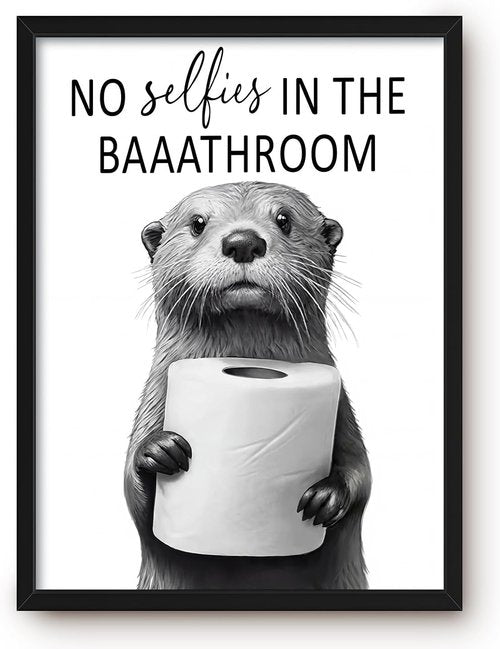 Funny Bathroom Wall Art by Framed | Cute Otter Holding Toilet Paper - Black & White Canvas - 12x16in