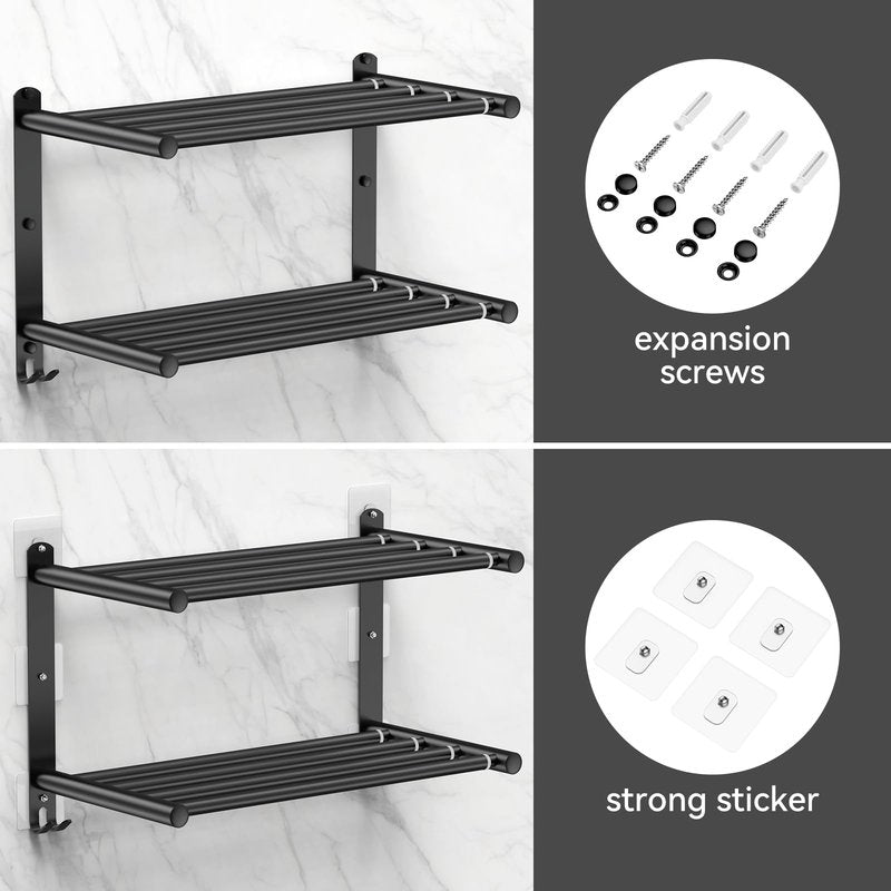 CAXIMSY Black Adjustable Towel Bar for Bathroom Wall Mount17-30.7inch Adhesive Shower Towel Rack Stainless Steel Bath Towel Holders for Toilet Kitchen Double Towel Hanger (Black Double Towel Rack)