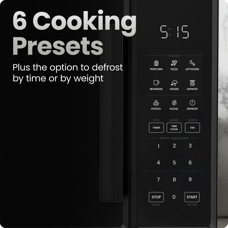 Chefman Countertop Microwave Oven 0.9 Cu. Ft., 900 Watts with 10 Power Levels, 6 Cooking Presets with One-Touch Express Cook, Eco Mode, Child Safety Lock, & Mute Button - Black