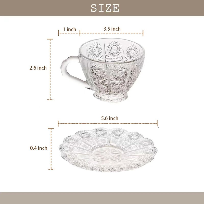 FYUEROPA Glass Coffee Cup Set with Saucer Tempered Glass, for Latte, Espresso, Cappuccino, 7Oz, Set of 6