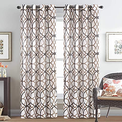 H.VERSAILTEX Linen Curtain 84 Inch Length 2 Panel Linen Sheer Curtains Textured Flax Window Curtain Draps for Living Room, Privacy Modern Printed Grommet Grapes Geometric Taupe/Brown