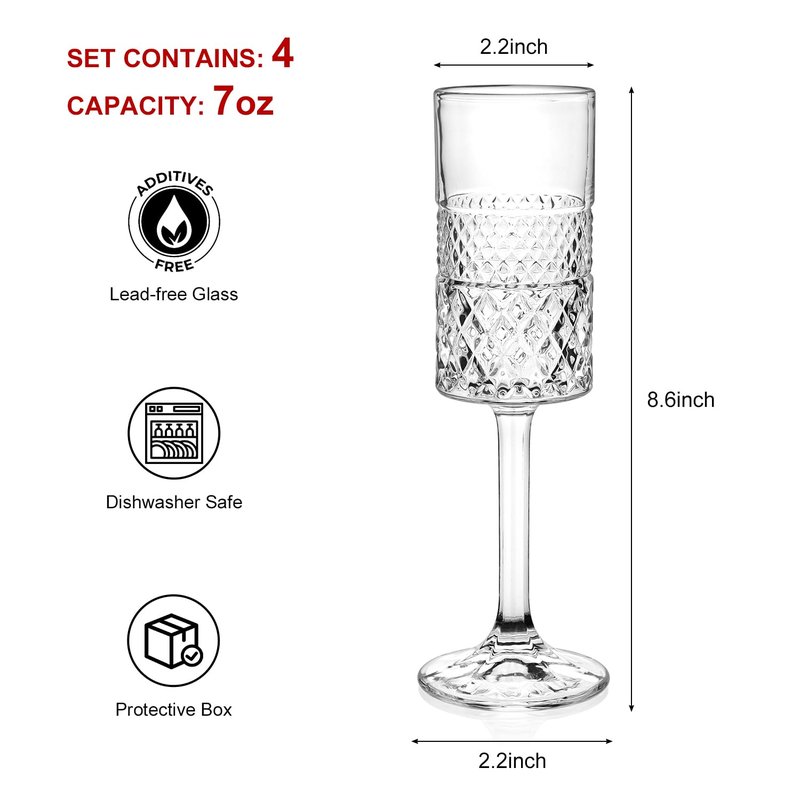 Cambareign Champagne Flutes Set of 6, 7oz Square Champagne Glasses, Lead-Free Crystal Champagne Flute Glass, Unique Gift for Birthday, Wedding, Anniversary