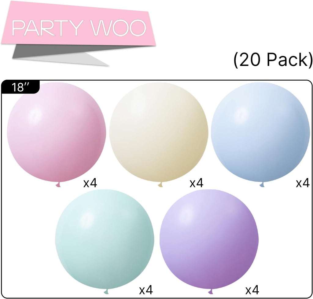 PartyWoo Pastel Balloons - 20pcs 18 Inch Rainbow Latex Balloons for Baby Showers & Celebrations