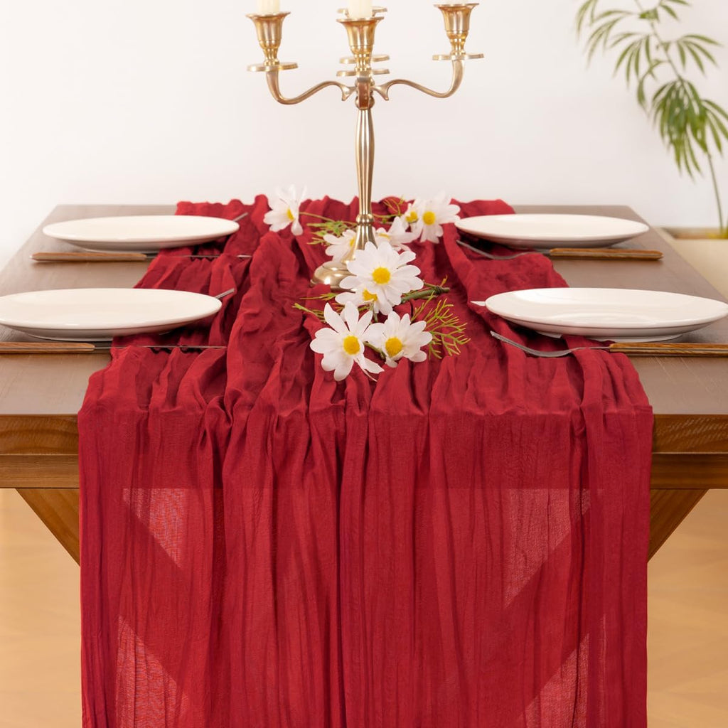 Socomi Cheesecloth Table Runner - 120 Inch Red Boho Rustic Design for Weddings & Events | 2-Piece Set