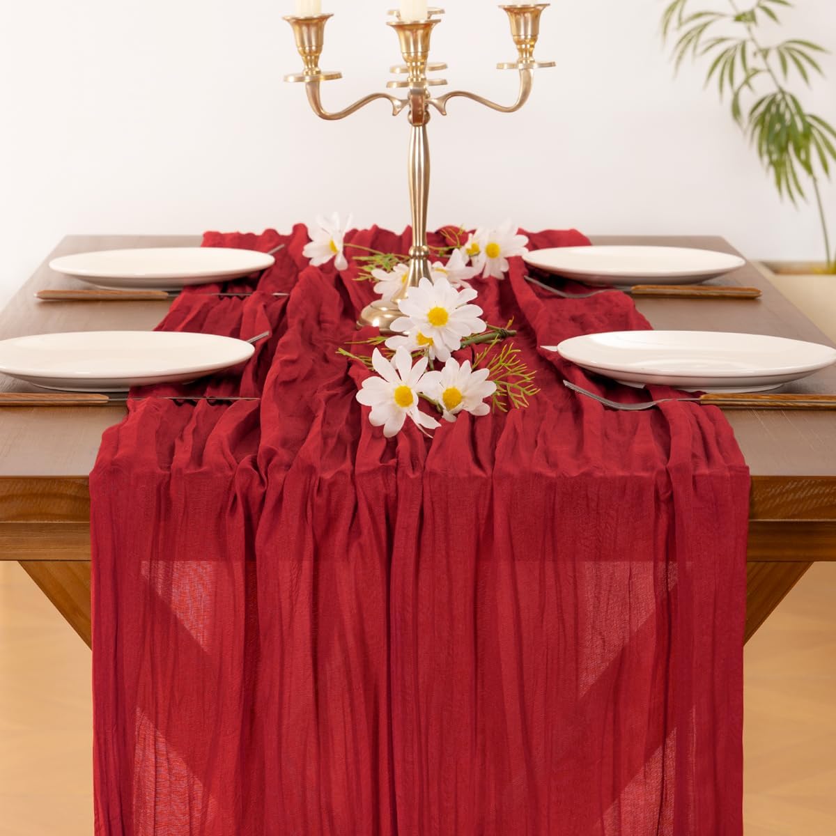 Socomi Red Cheesecloth Table Runner - 10pcs Boho Rustic 120-Inch Gauze for Weddings & Events