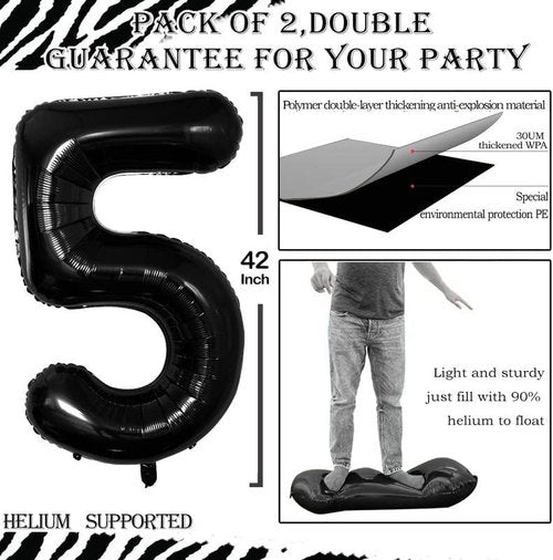 GOER Black Foil Number 5 Balloons - Huge 42" & 32" Birthday Party Decorations (3 Pcs)