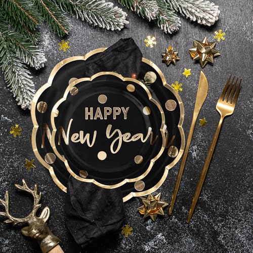 LeZakaa 25Pcs Christmas Paper Plates 7 Inch Black & Gold New Year Design