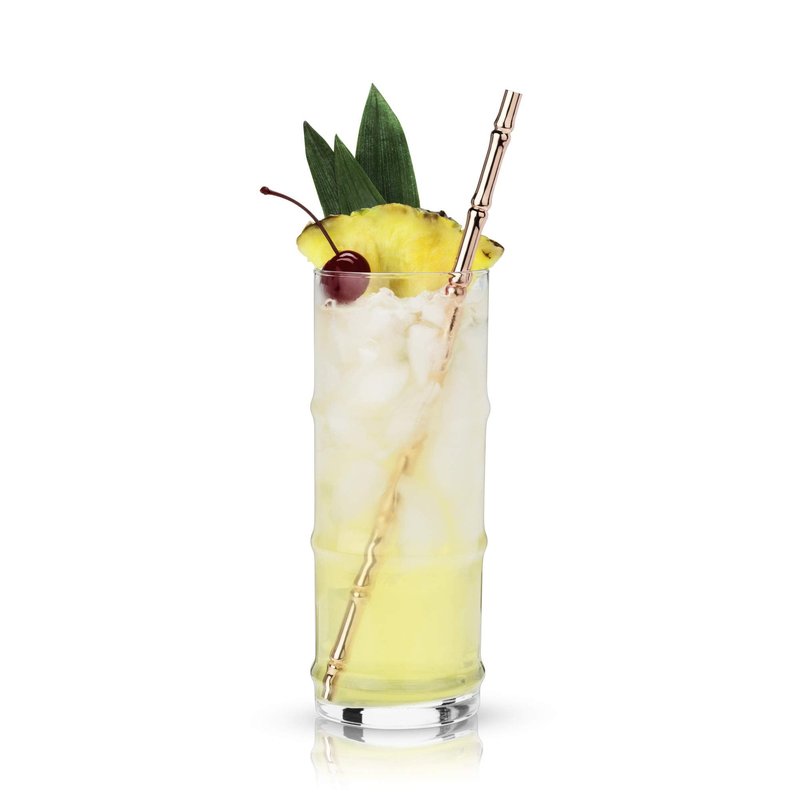 Viski Stainless Steel Cocktail Straws - Reusable Copper Bamboo Tiki Straws- Eco-Friendly Bamboo Finish Metal Drinking Sipper 9.5 Inch, Set of 4