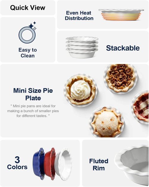 LE TAUCI Mini Pie Pans - 6.5 Inch Ceramic Pie Plates with Ruffled Edges | Set of 6, White, 12 Ounce Ramekins