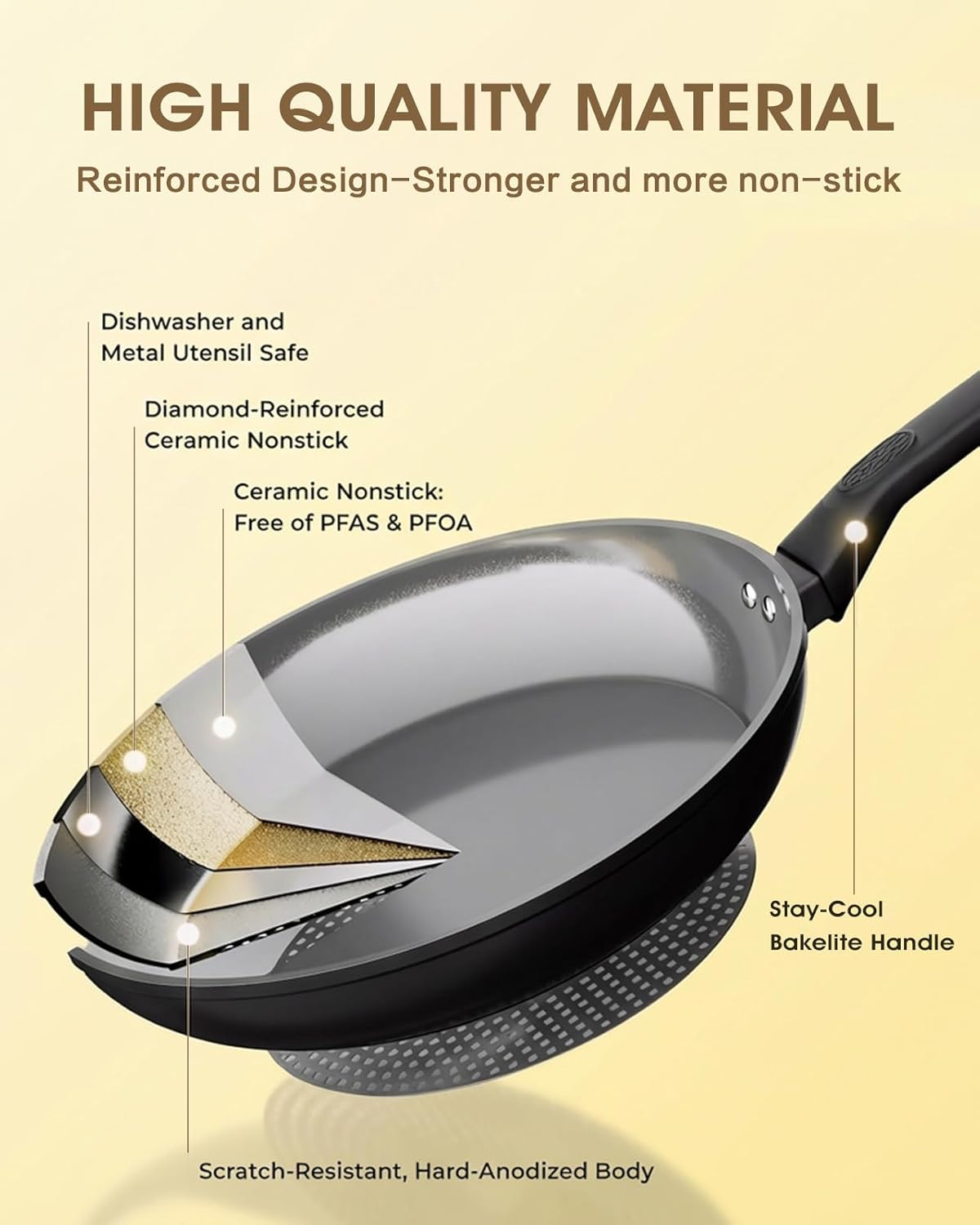 Skiennix 9.5 Inch Nonstick Frying Pan - Healthy Ceramic Coating | PTFE PFOA PFOS Free, Black