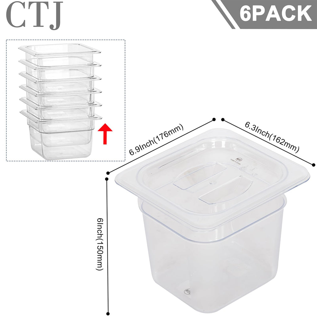 CTJ 6 Pack NSF Food Pans with Lids 1/6 Size, 6'' Deep Commercial Clear Plastic Food Storage Containers Stackable Polycarbonate Hotel Pans for Kitchen Restaurant Food Prep, Freezer-Safe